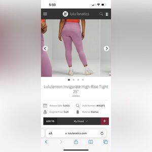 Lululemon Invigorate High Rise Tight 25”